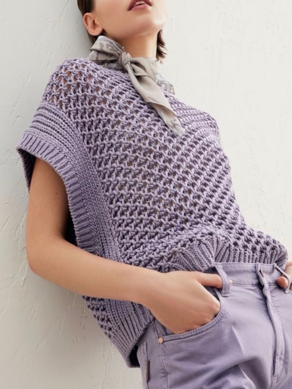 EUC BRUNELLO CUCINELLI Lavender Open Work Knit Crewneck w/ Cap Sleeves SZ S